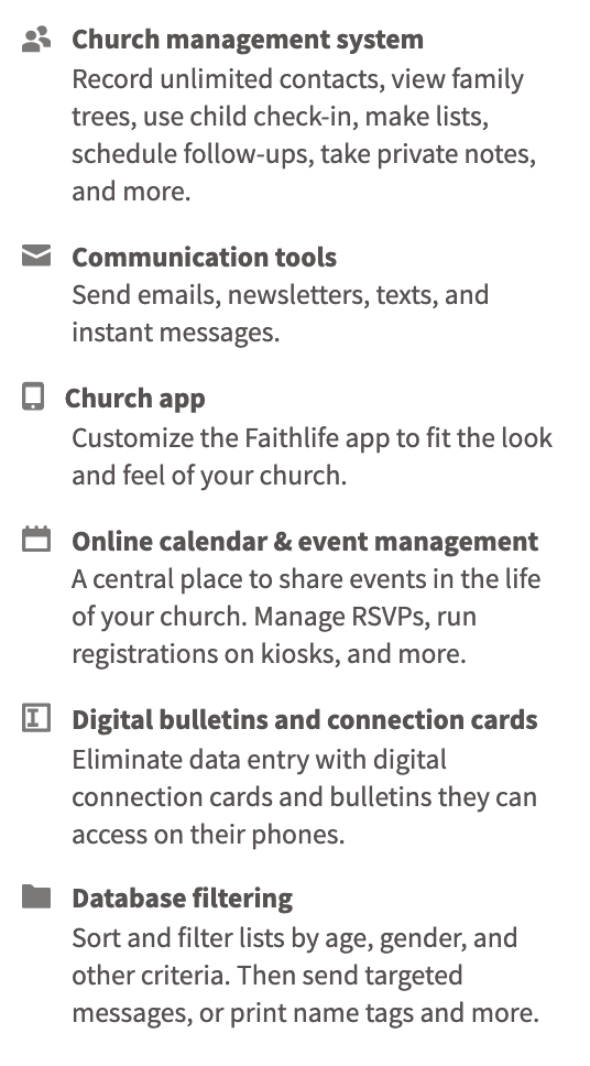 faithlife church management system function list 