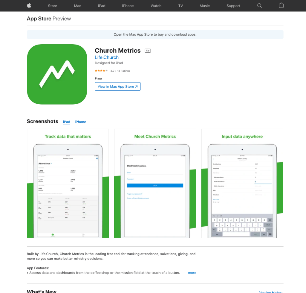 app store page for churchmetrics