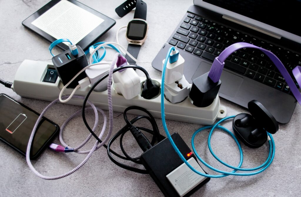 gadgets: smartphone, wireless headphones, laptop, smart watch, camera battery and ebook are charging