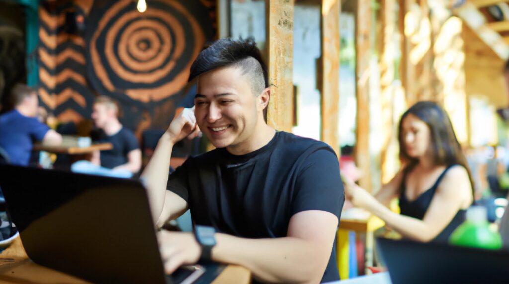 DALL·E 2023 ultawide shot friendly handsome koeran man wearing black tshirt sitting at table in cafe looking at his laptop. Depth of field people in the backgro