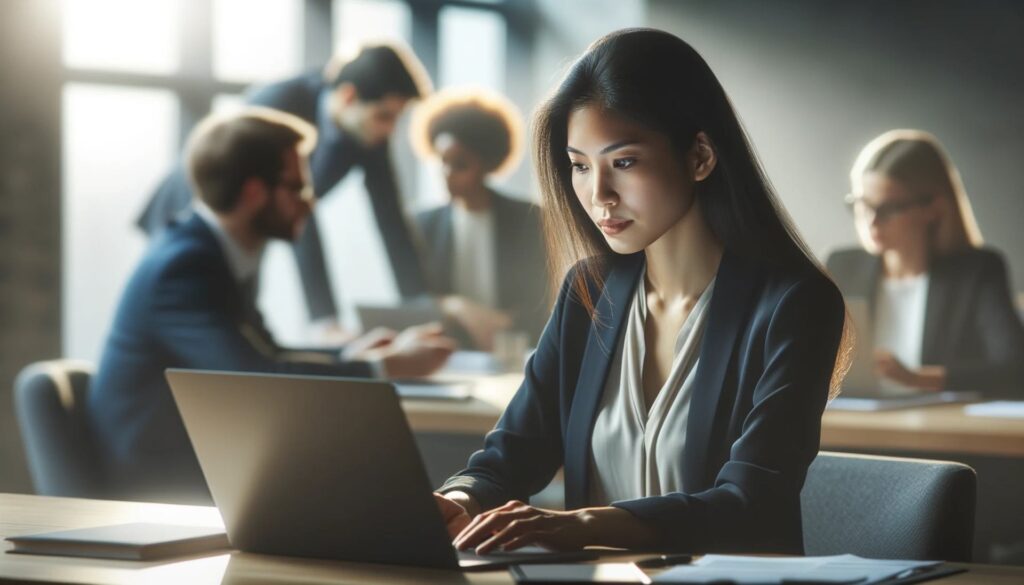 DALL·E Photo of an Asian woman focused and intently using a laptop at a modern office desk. The ambient lighting from large windows casts a soft glow on her