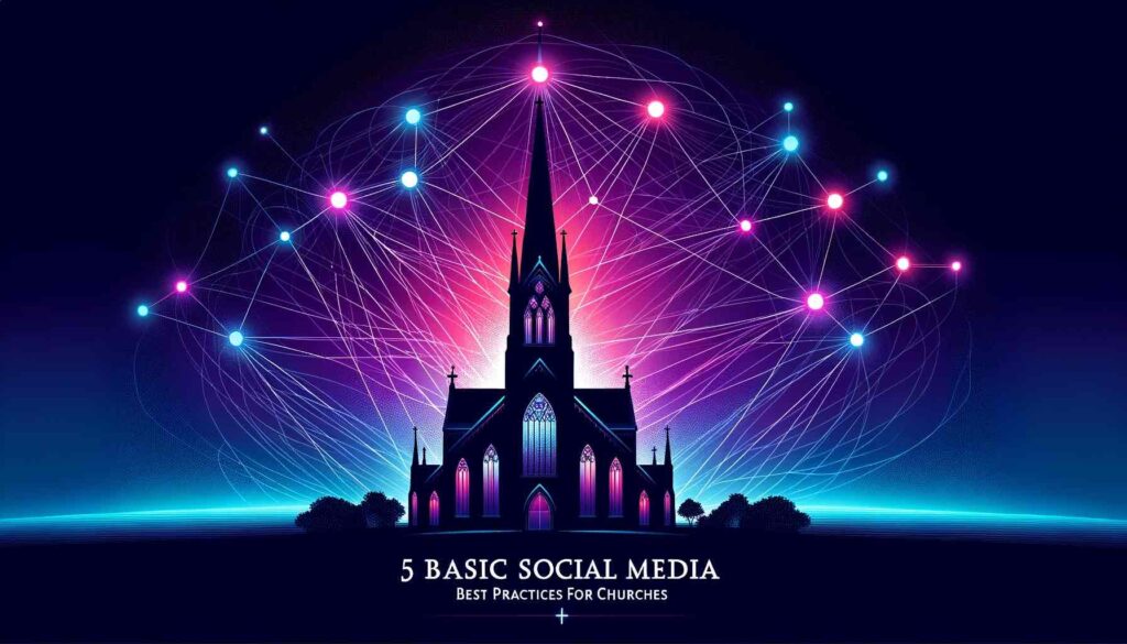 DALL·E Vector illustration of a gothic church silhouette with vibrant digital nodes and lines emanating from its structure denoting social media networks