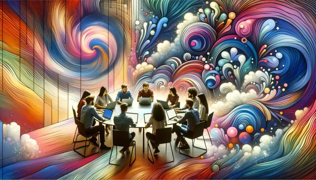 DALL·E 2023 12 21 18.35.50 A small diverse team engaged in a lively discussion each with their own laptop in a setting that blends reality with a psychedelic dreamscape. The