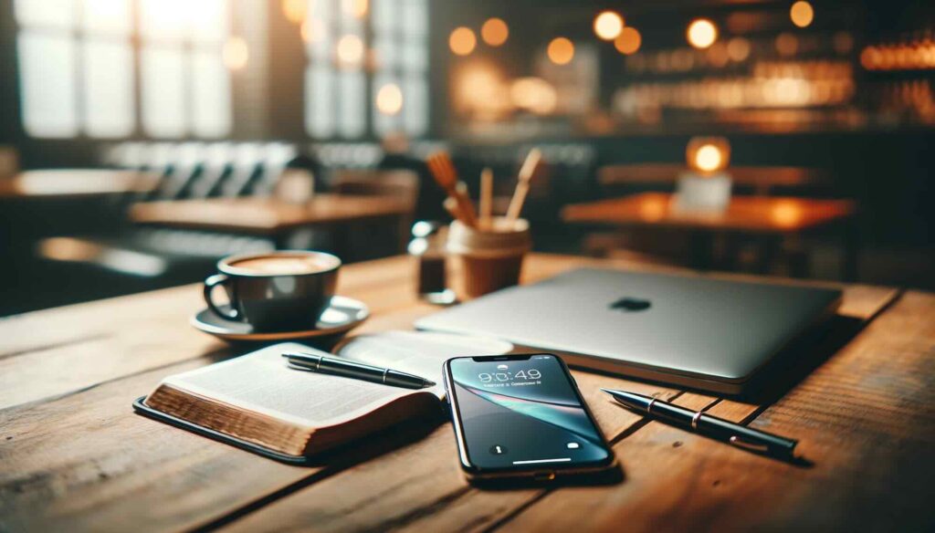church texting DALL·E 2023 12 27 12.08.38 A modern iPhone mobile phone lying on a wooden desk next to an open bible and a sleek laptop in a cozy cafe setting. The scene includes a coffee
