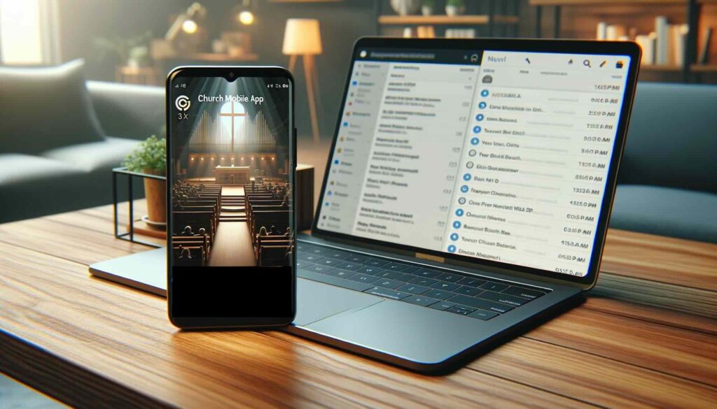 texting church DALL·E 2023 12 27 12.12.10 A 16x9 photograph depicting a modern smartphone displaying a church mobile app placed next to a laptop with an open email inbox on the screen. The sc 1