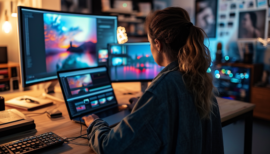 female working on laptop with external