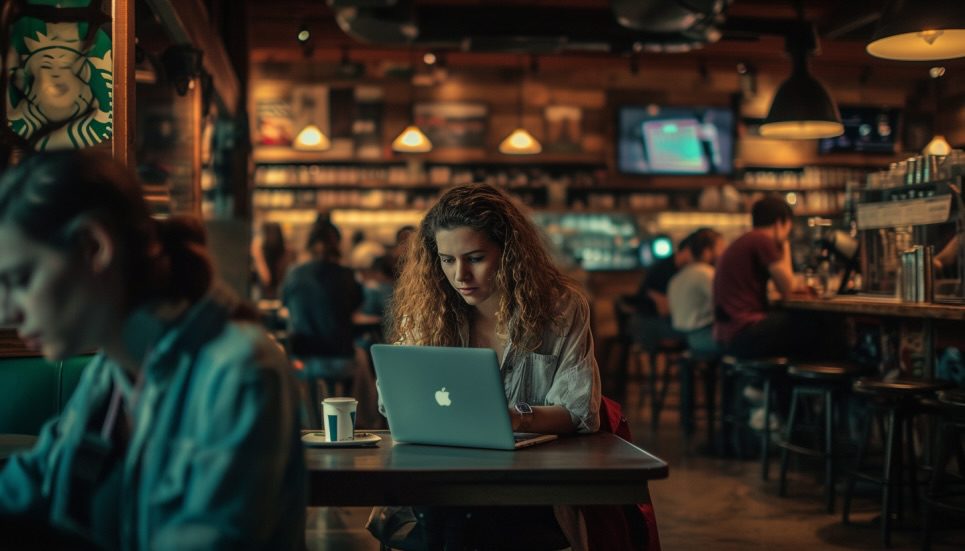 AI Tool Of The Week: Krisp 2-Way Noise Cancellation 1 krisp ai woman sitting in Starbucks cafe working on laptop
