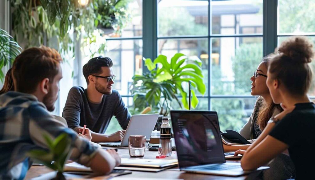 team working together in conference room with laptop