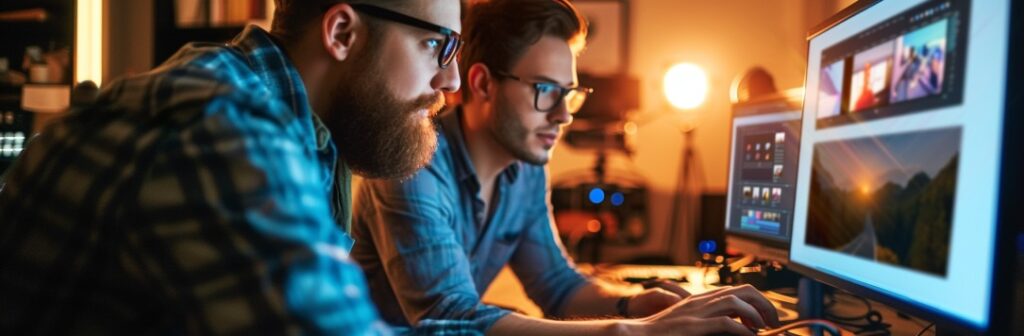 midjourney two men working on desktop computer editing videos