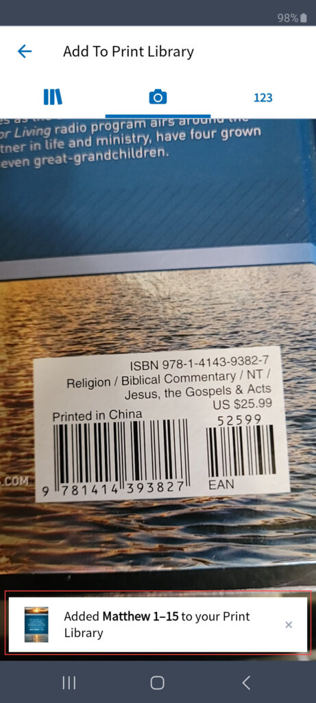 Add a Physical Book to Your Logos Library from Mobile book added