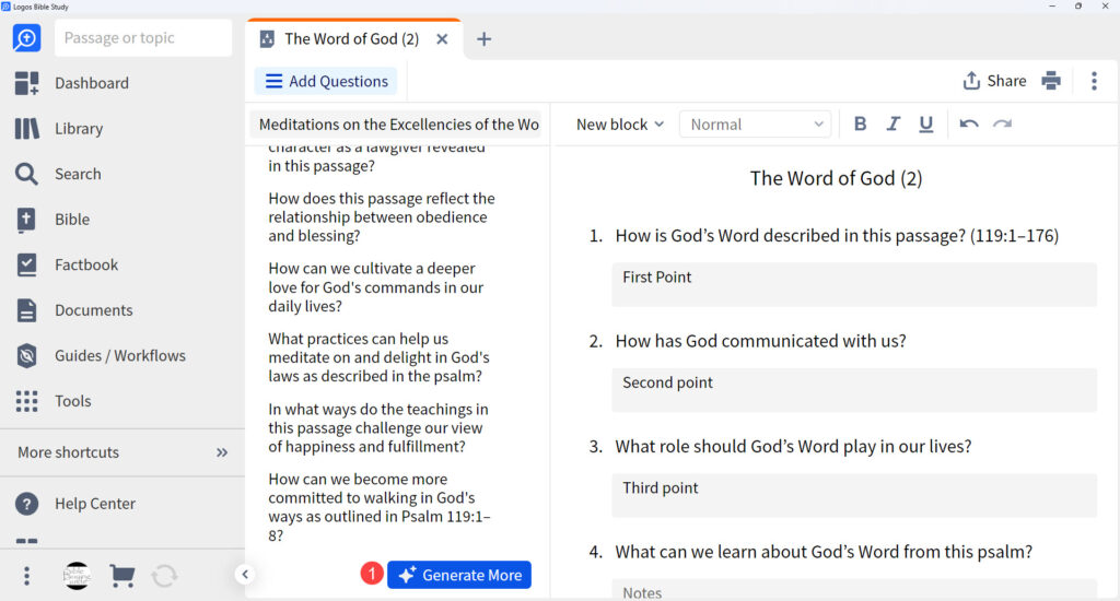 Bible Study Builder Generate Questions with AI Generate More