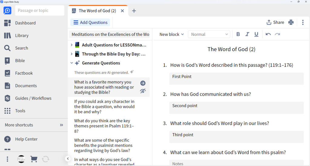 Bible Study Builder Generate Questions with AI results