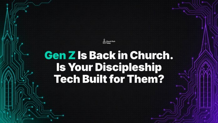 Gen Z Is Back in Church. Is Your Discipleship Tech Built for Them? headline over circuit-board church steeples in teal and purple